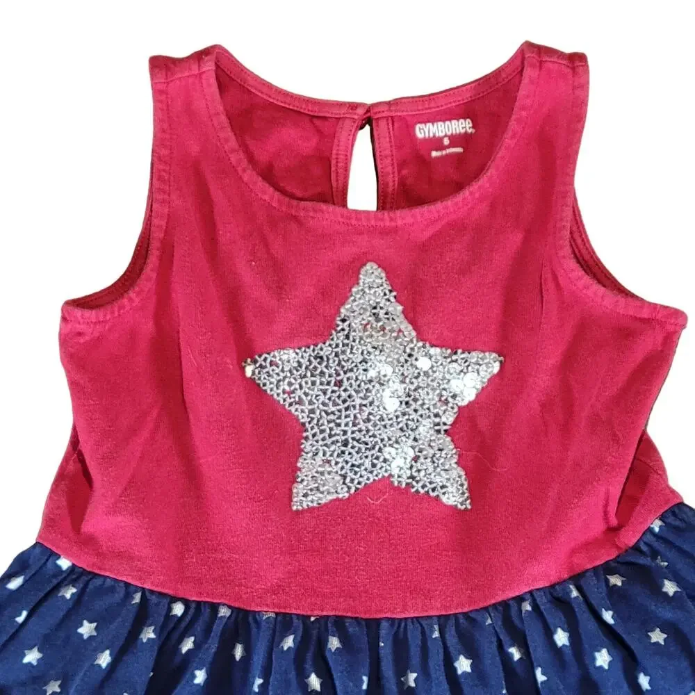 Gymboree Girls Red Blue Sequin Star Dress Size 5 Sleeveless Skirt Patriotic